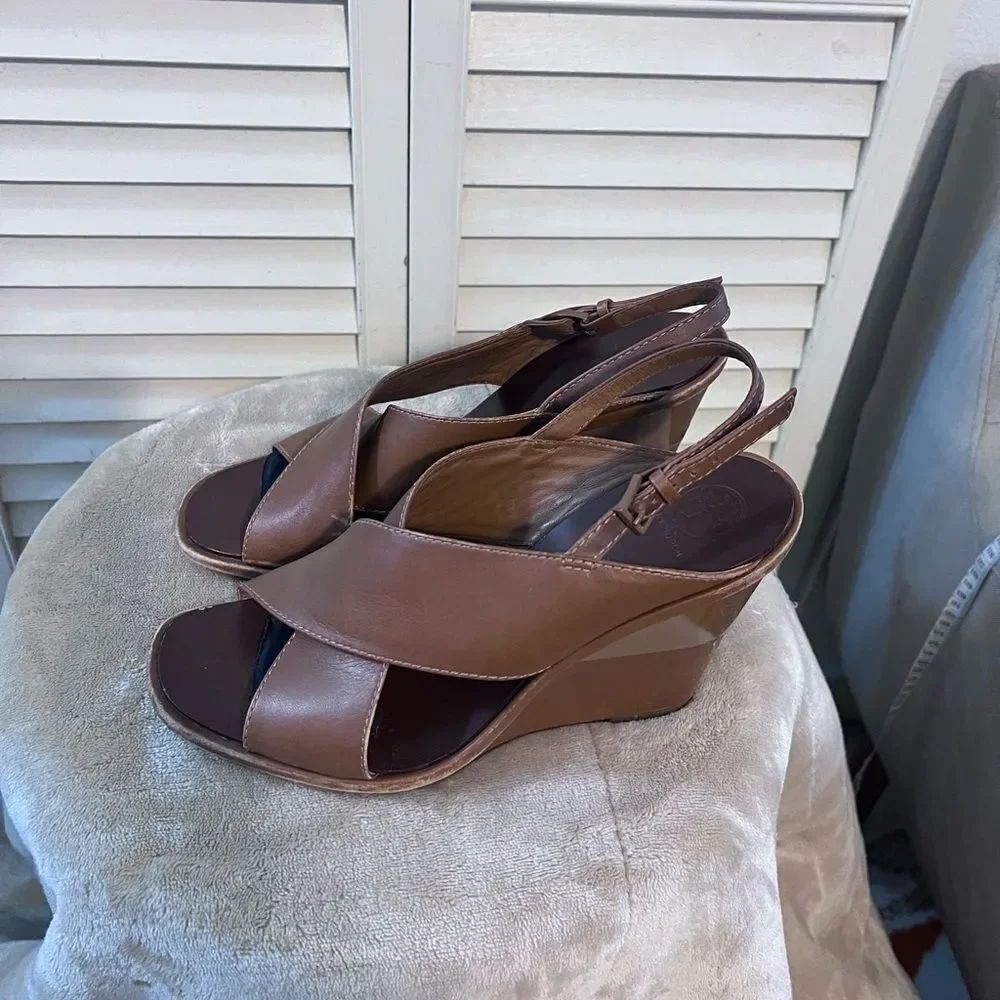Tory Burch Brown Leather Wedge Sandals